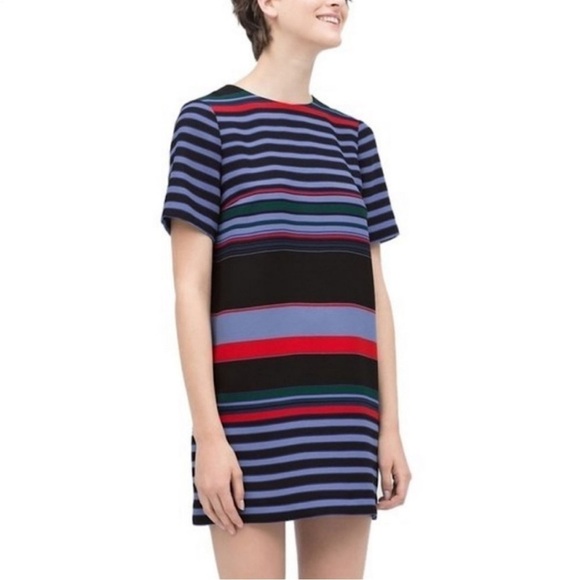 Zara Woman Blue Red Black Striped Short Sleeve Shift Dress Size M Preppy Classic - Picture 8 of 9